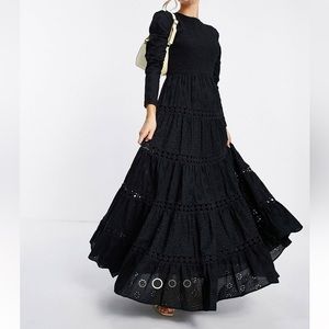 NWOT Shirred maxi broderie tiered maxi dress with lace inserts in black